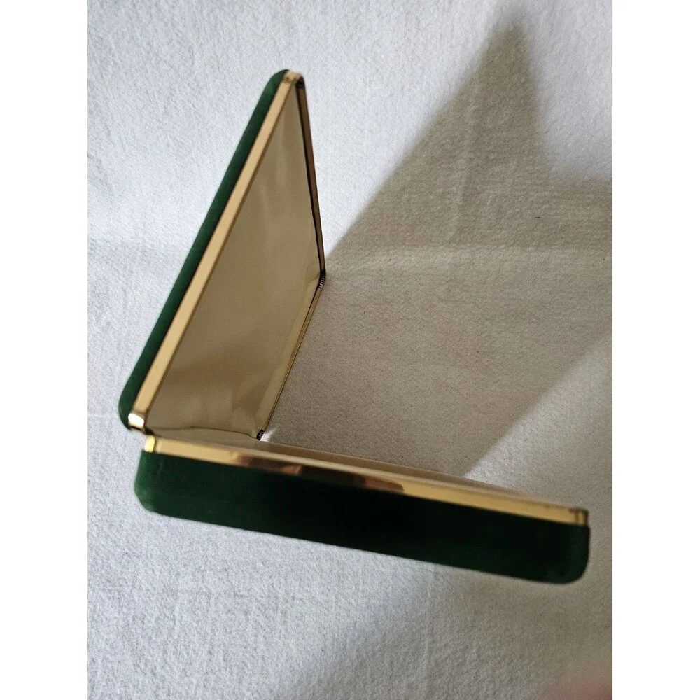 Vintage Green Velvet Jewelry Box Gold Tone Trim Ring Earring Trinket Storage